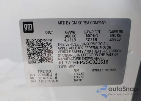 2025 Chevrolet Trax Fwd Lt из США, поврежденный, VIN KL77LHEP2SC021618